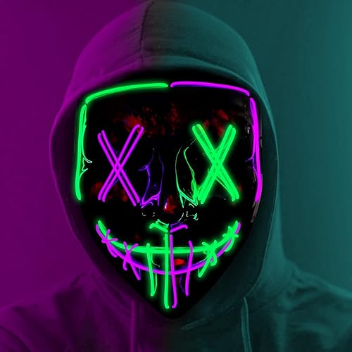 Máscara de la Purga de Halloween, máscara de luz LED para fiesta de festival de Halloween, máscara de 2 colores con 3 modos de luz