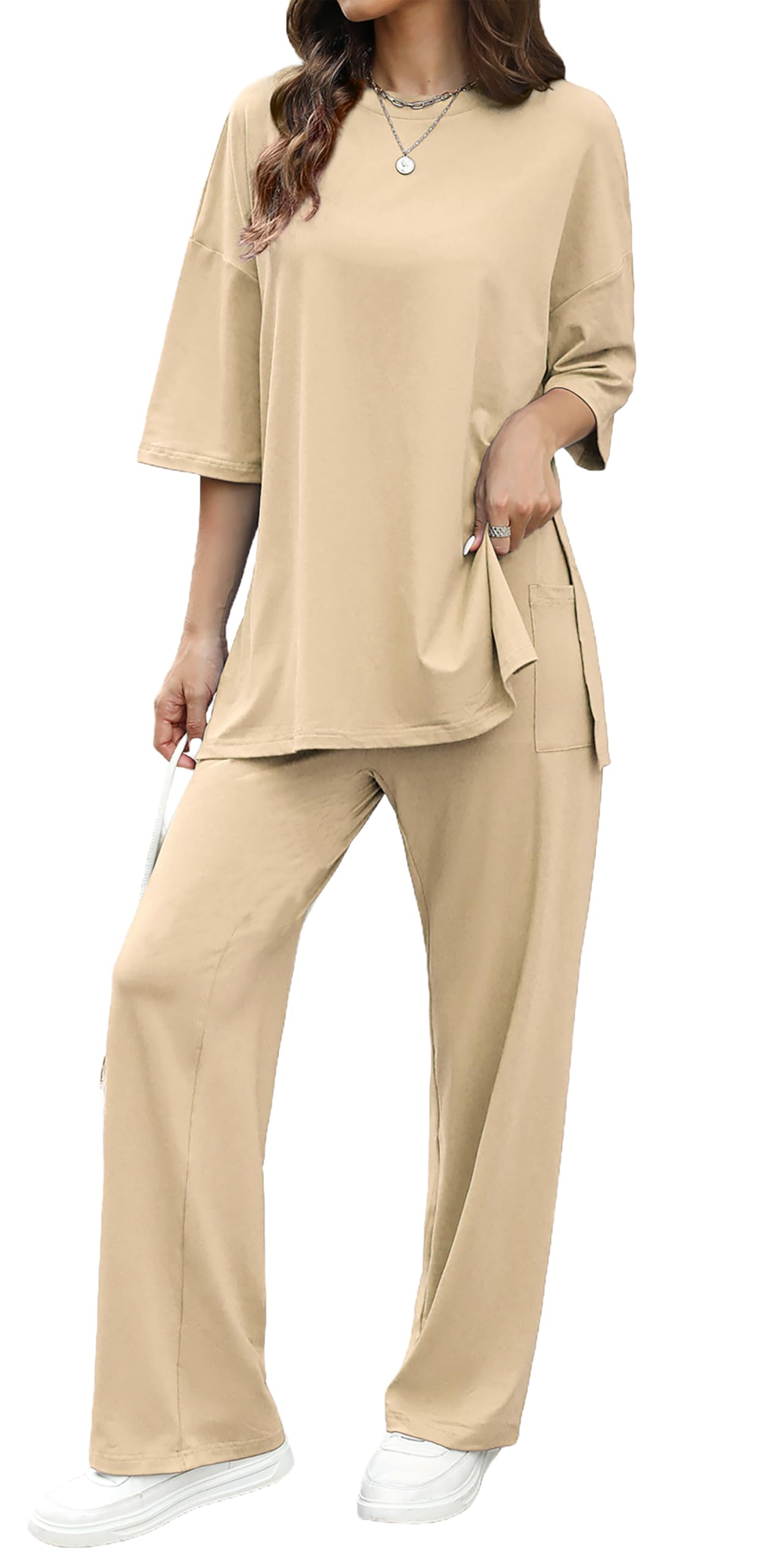 Cnlinkco Womens 2 Piece Outfits Short Sleeve Set Wide Leg Pants Casual Trendy Pullover Lounge Set