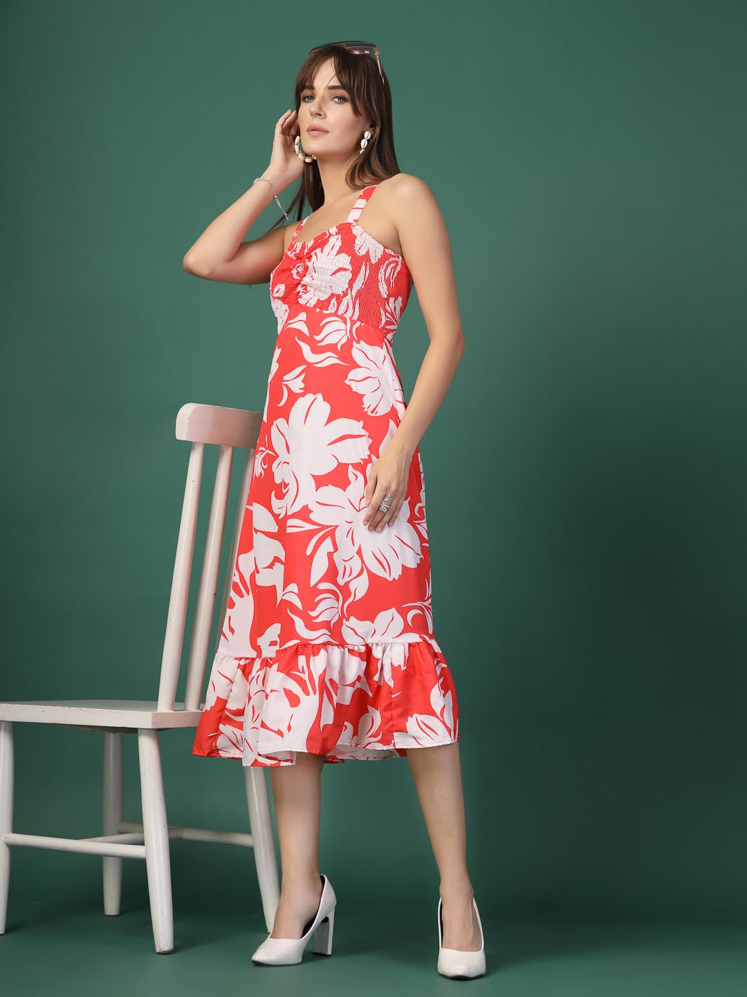 Oomph Women's Western & Fusion Wear Printed Crepe Dress For Women, Smocked Bodice, Red - Md1050