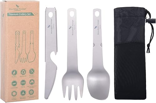 Miniatura 2 de Boundless Voyage Juego de vajilla de titanio para acampar al aire libre, cuchillo tenedor, cuchara, abridor de botellas, juego combinado de
