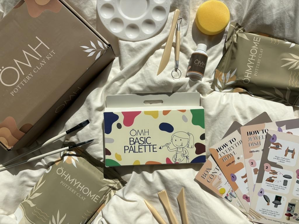 ÖHMYHOME Kit argilla essiccazione all'aria. Set di artigianato ecologico in argilla. Include vernice lucida, vernici pastello, strumenti, pennelli, spugna e manuale in spagnolo e inglese (Premium)