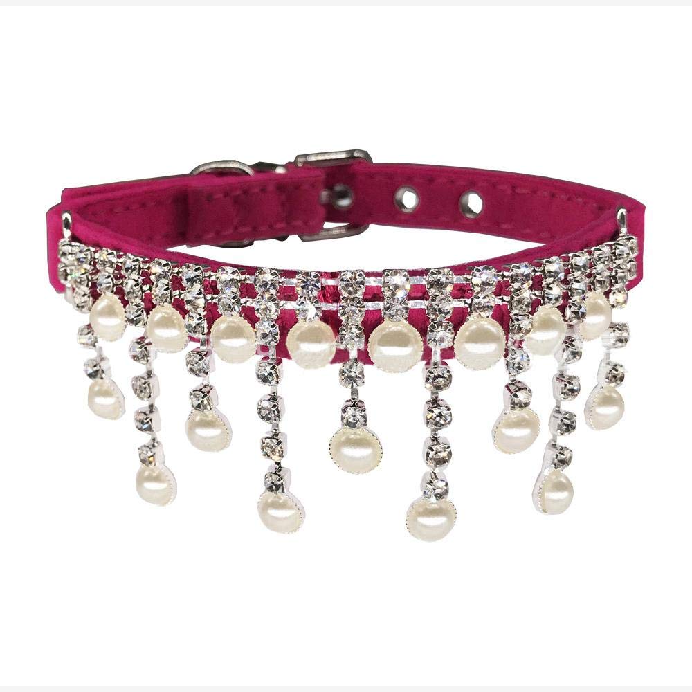 Mumoo Bear Adjustable Pet Dog Collar Cat Collar Crystal Pearl Soft Velvet Collar for Dogs Cats Neck Size 9-11 Inch M Size Pet Necklace Rose Red