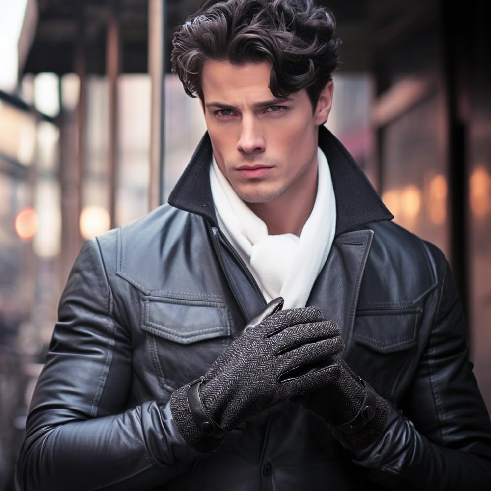 Herringbone Tweed Gloves for Men Touchscreen Winter Warm Lined Driving Black Brown Wool Blend Retro 1920s, S-XXL - Image 7