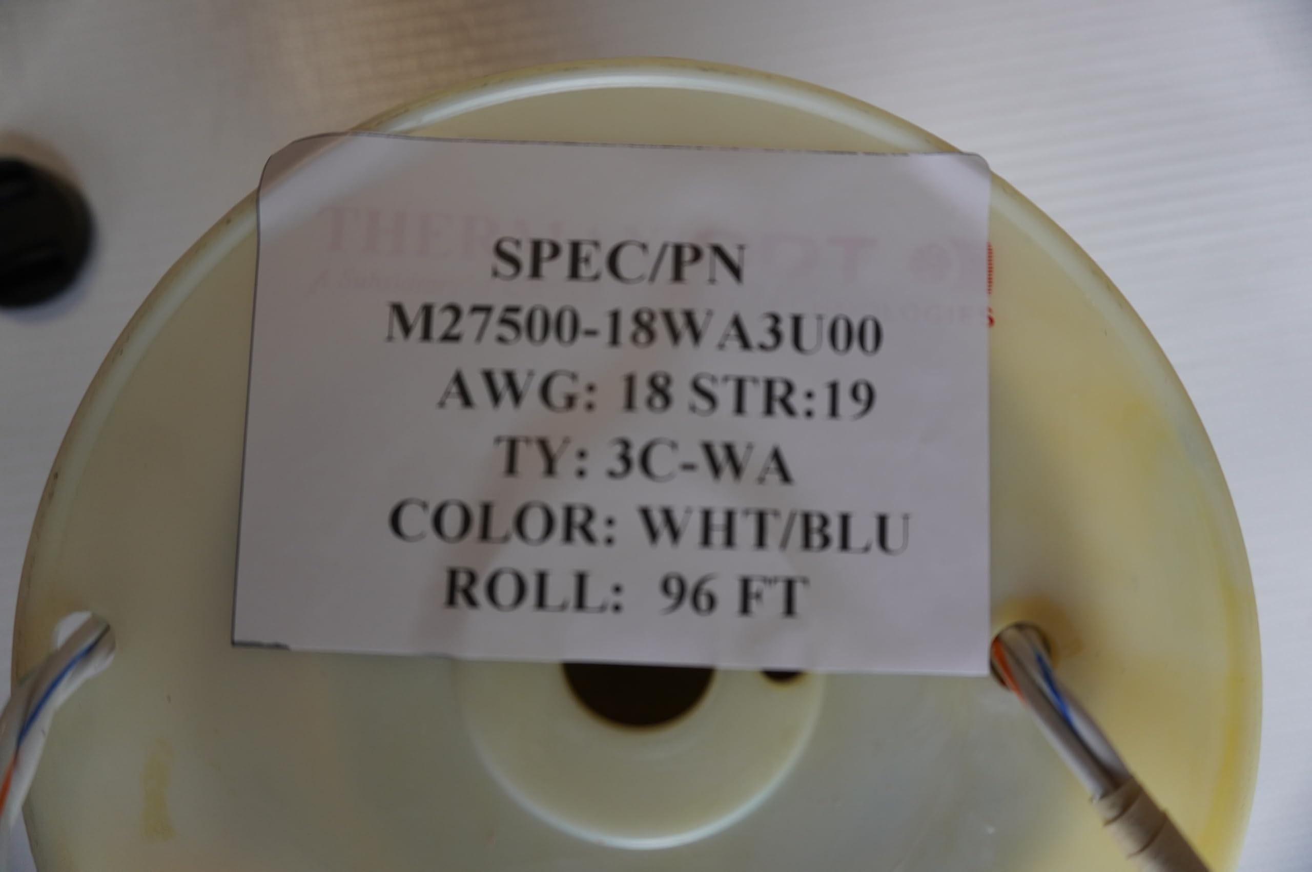 Conductor Wire Cable M27500-18WA3U00. Type 3C-WA. Color White/Blu. 96 ft per roll. Aerospace Application