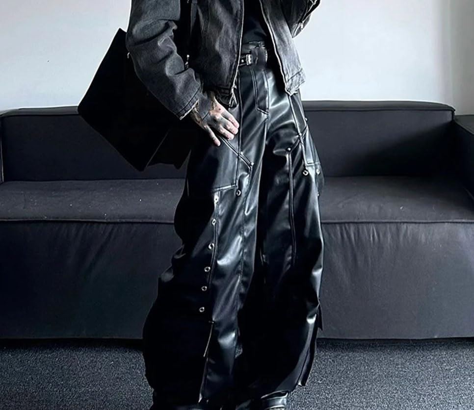 Men's PU Leather Pants Rivets Wide Leg Punk Style Streetwear Casual Trousers3