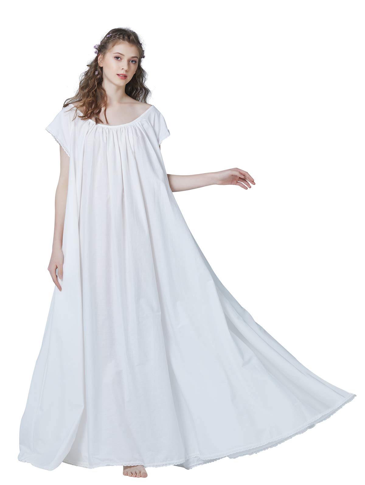 BEAUTELICATE Robe De Nuit 100% Coton Longue Chemise De Nuit à Manches Courte Victorienne Rétro Romantique Pleine Longueur A-Line Grande Taille pour Été Femme Mariée Ivoire