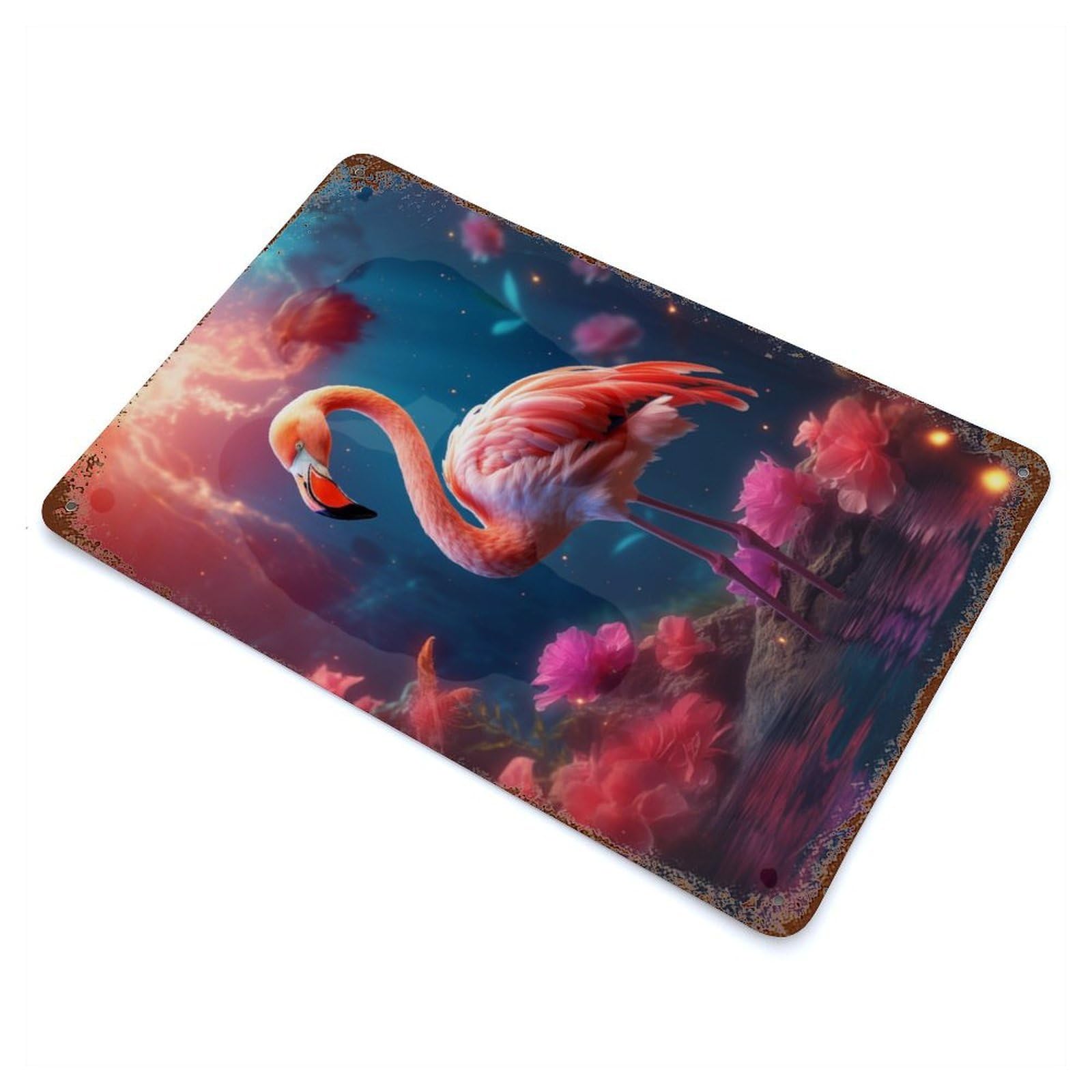 Floral Flamingo Flowers Vintage Wall Sign 11.8"x7.9", Rust Effect Metal Decor for Bistro, Counter And Cafe Decor