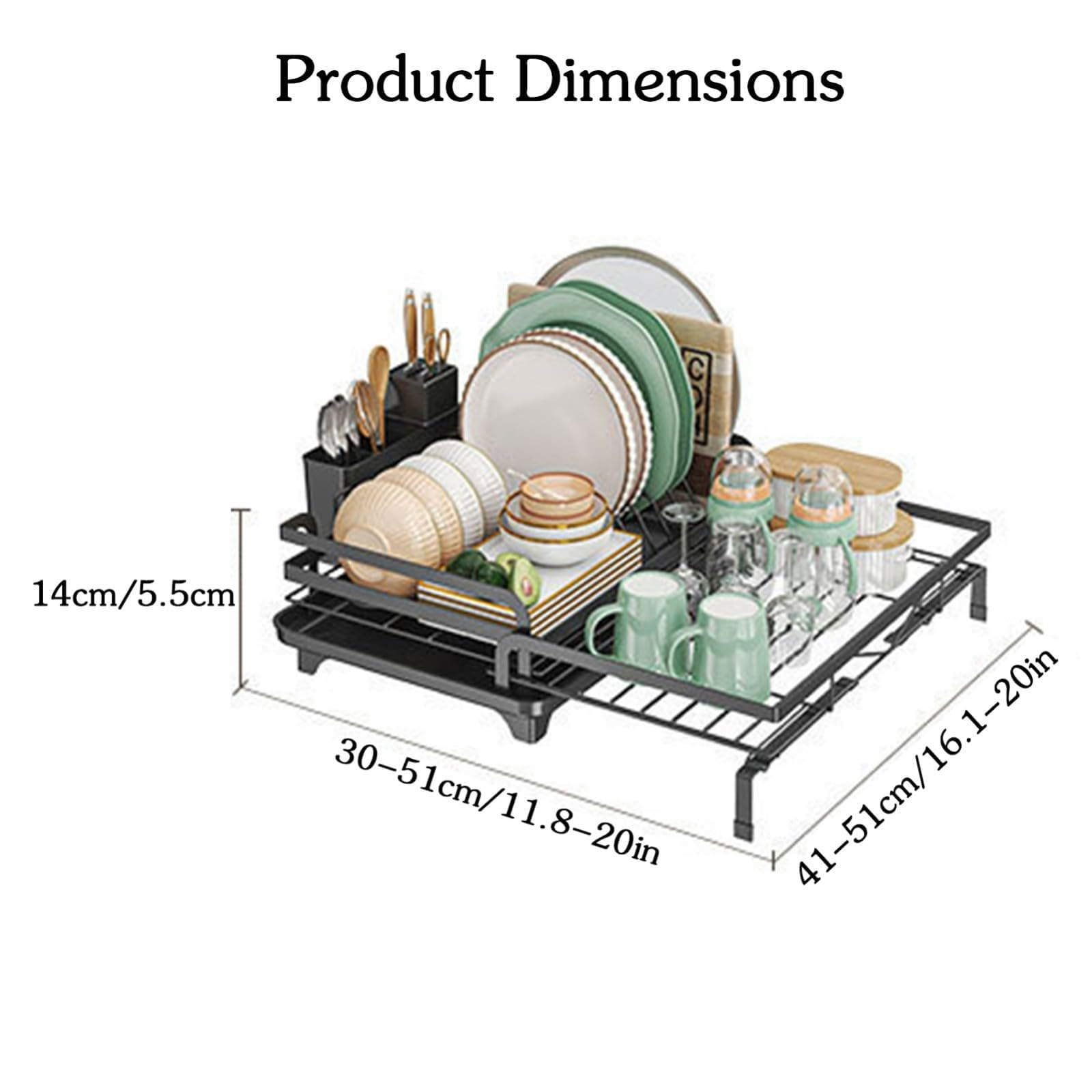 Escurridor de Platos Extensible Acero al Carbono Escurridor de Platos con Bandeja Recogegotas y Portacubiertos Secador Boquilla Extensible y Giratoria 360° Ahorra Espacio Secaplatos