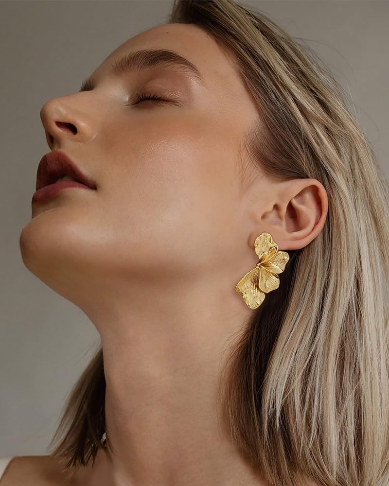 Chunky Gold Statement Earrings For Women Gold Plated Sectored Flower Leaf Shell Angel Wing Earrings Trendy Boho Jewelry For Women Large Stud Earrings Hypoallergenic Earrings - Image 2