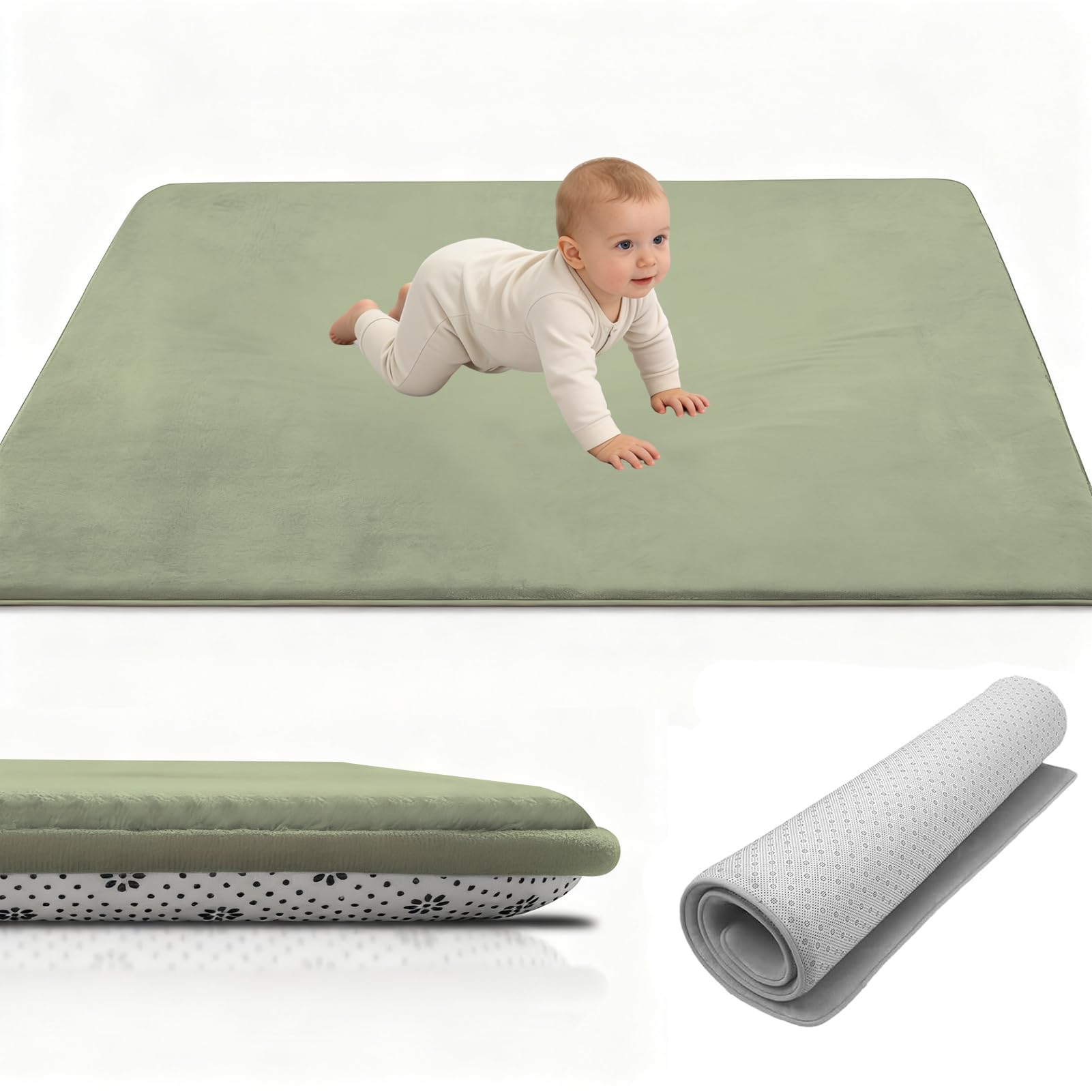 Krabbelmatte Baby 160 x 160 cm Extra dick und Spielmatte, Kinderteppich Verdickung Kinder Krabbeldecke Tatami Teppiche Spielteppich Rutschfester, Teppich für Kinderzimmer Grasgrün