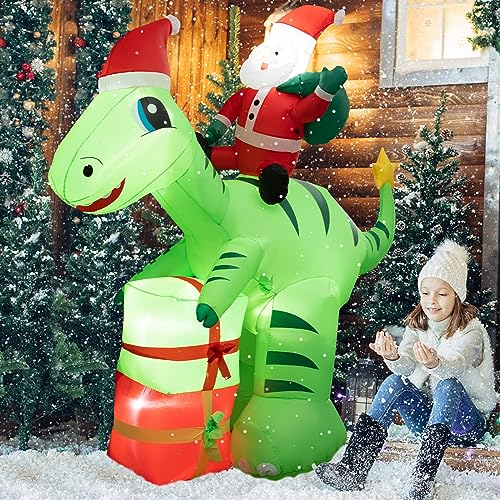 Tangkula 8 FT Lighted Christmas Inflatable Santa Claus Dinosaur Decoration with Gift Boxes, Built-in LED Lights, Sandbags, Stakes, Indoor Outdoor Blow-up Holiday Yard Lawn Garden Xmas Decoration