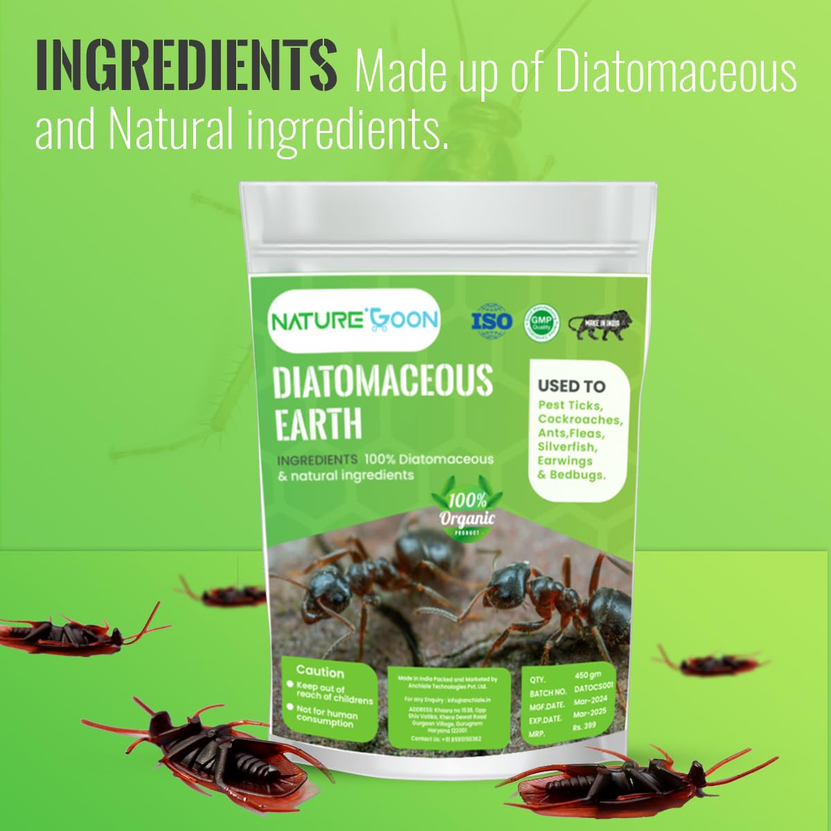 Naturegoon Diatomaceous Earth Powder 450 gm | 100% Organic and Natural | Safe Pest Control for Garden and Home | Dog Powder for Prevention of Fleas 1