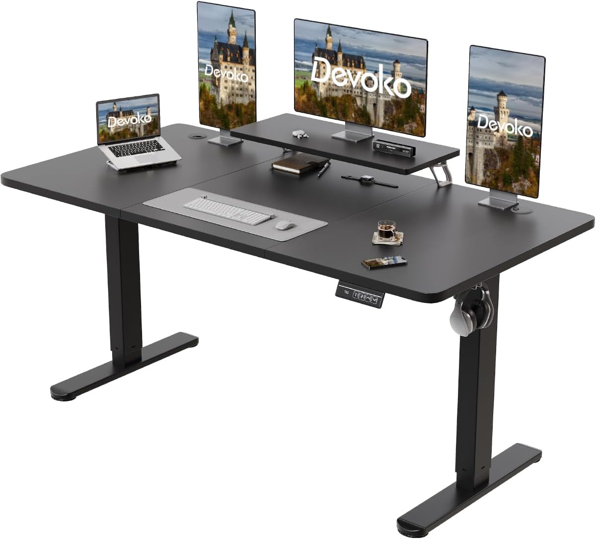 Devoko 160×70cm Electric Height Adjustable Desk, with Monitor Stand, Computer Desk, with 2 Height Memory Functions, for Bedroom Study Office (Black)