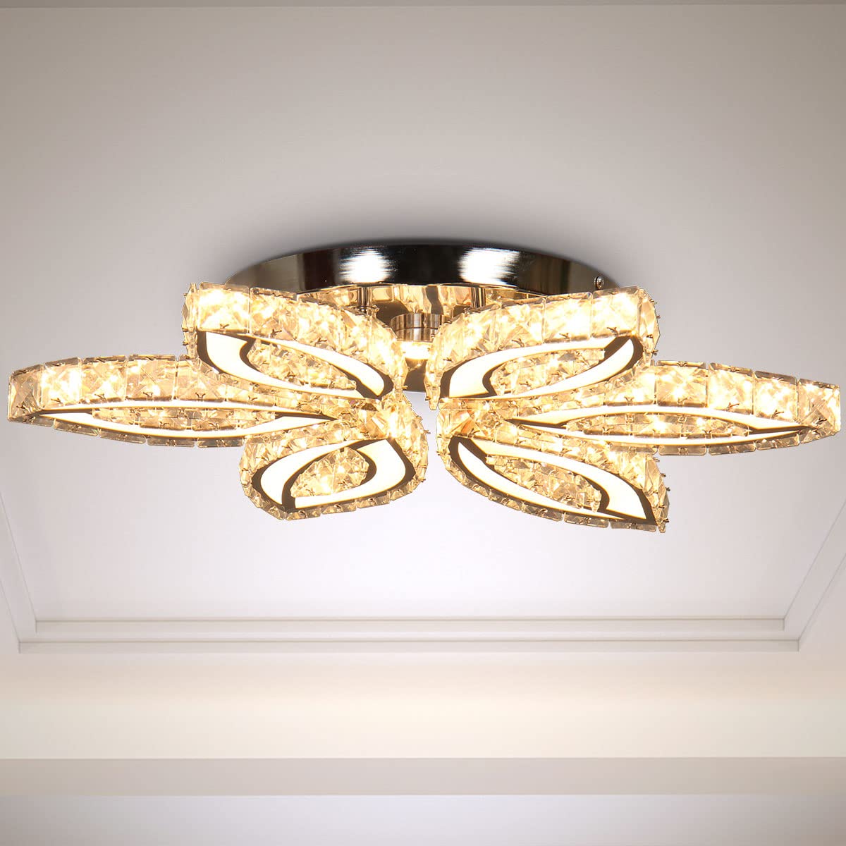 CLAIRDAI 20" Crystal Chandelier Flush Mount Ceiling Light Fixture Modern LED Chandelier Acrylic Crystal Ceiling Light for Bedroom Living Room Dining Room (Warm White)