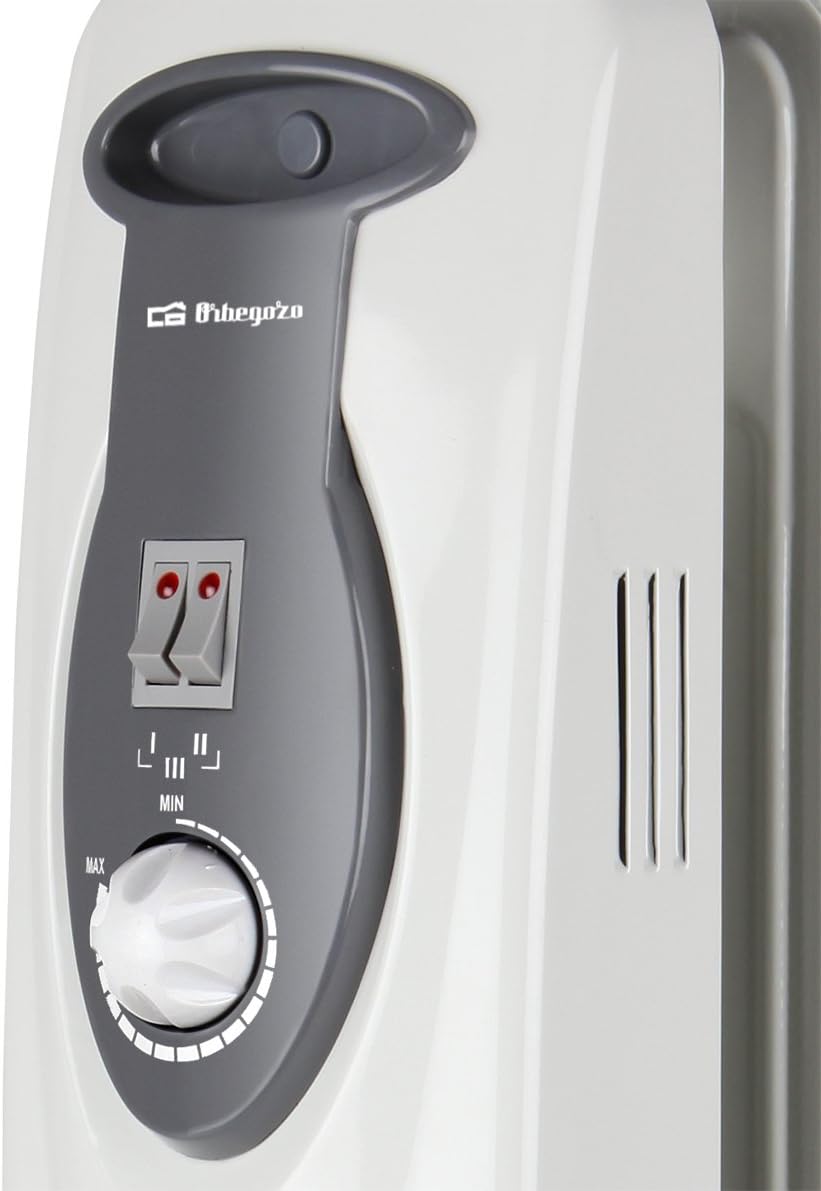 Close-up of Orbegozo RA 1000 D control panel with thermostat dial and power switches