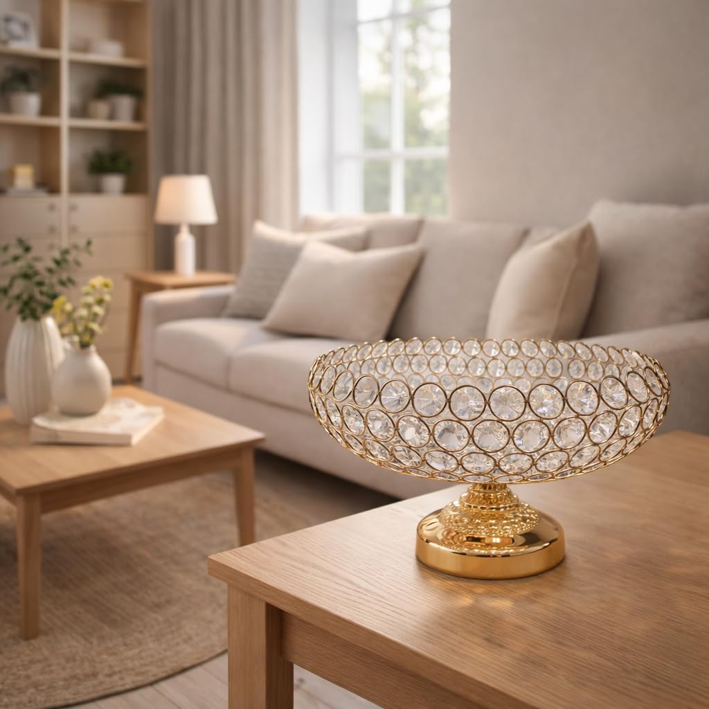 ICE Armor 11" W Sparkling Crystal Ring Bowl with Glossy Golden Color Base Candle Holder Elegant Home Décor Accent, Decorative Candle Holder, Warm & Thoughtful Gift Idea