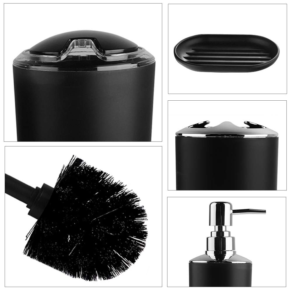 Dioche Juego de accesorios de baño, 6 unidades, dispensador de jabón, jabonera, soporte para cepillos de dientes, taza de enjuague, portaescobilla para inodoro, cubo de basura, juego de baño (negro)