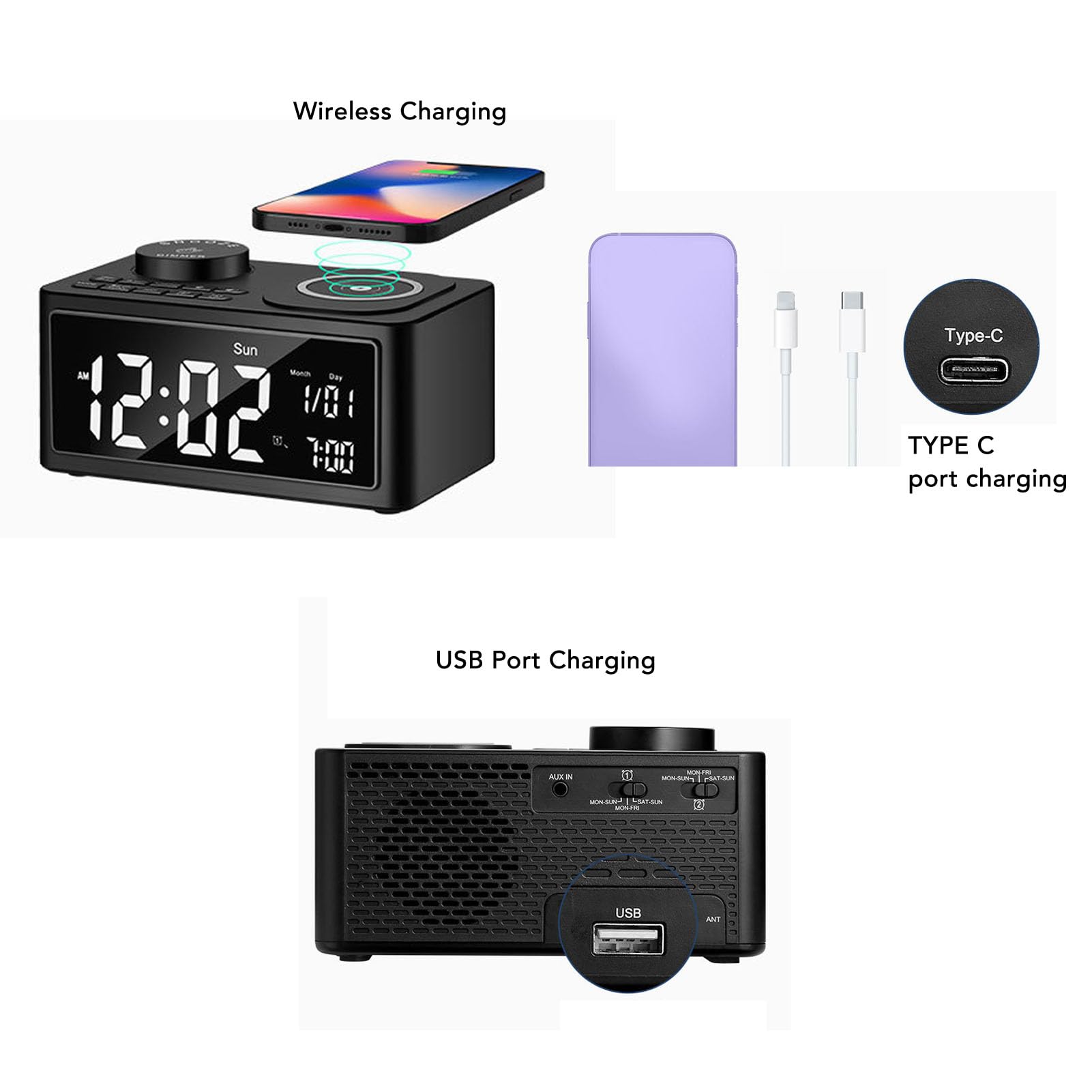 Goshyda Głośnik Bluetooth z bezprzewodową ładowarką, Radiem FM, Konfigurowalnymi Podwójnymi Alarmami, bezprzewodową stacją ładującą Głośnik HiFi Wbudowany Mikrofon, do Domowego Biura w (wtyczka UE)