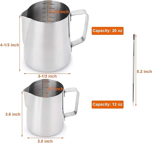 Miniatura 2 de Nicunom Paquete de 2 jarras espumadoras de leche, jarra de vapor de café expreso de 12 onzas y 20 onzas, taza vaporera de leche de acero inoxidable,