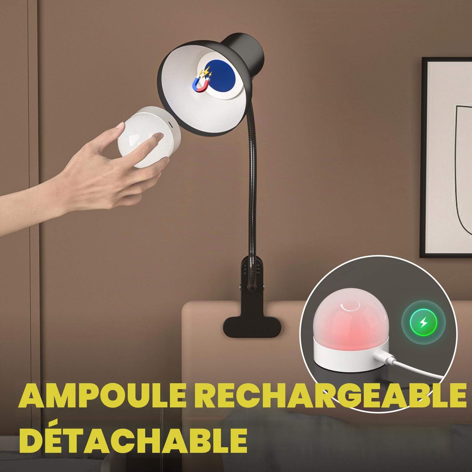 Lampe de Lecture Sans Fil Rechargeable - Pince pour Lit & Bureau, 3 Températures + 12 Couleurs, 10 Niveaux Luminosité, Camping, Ambiance RGB