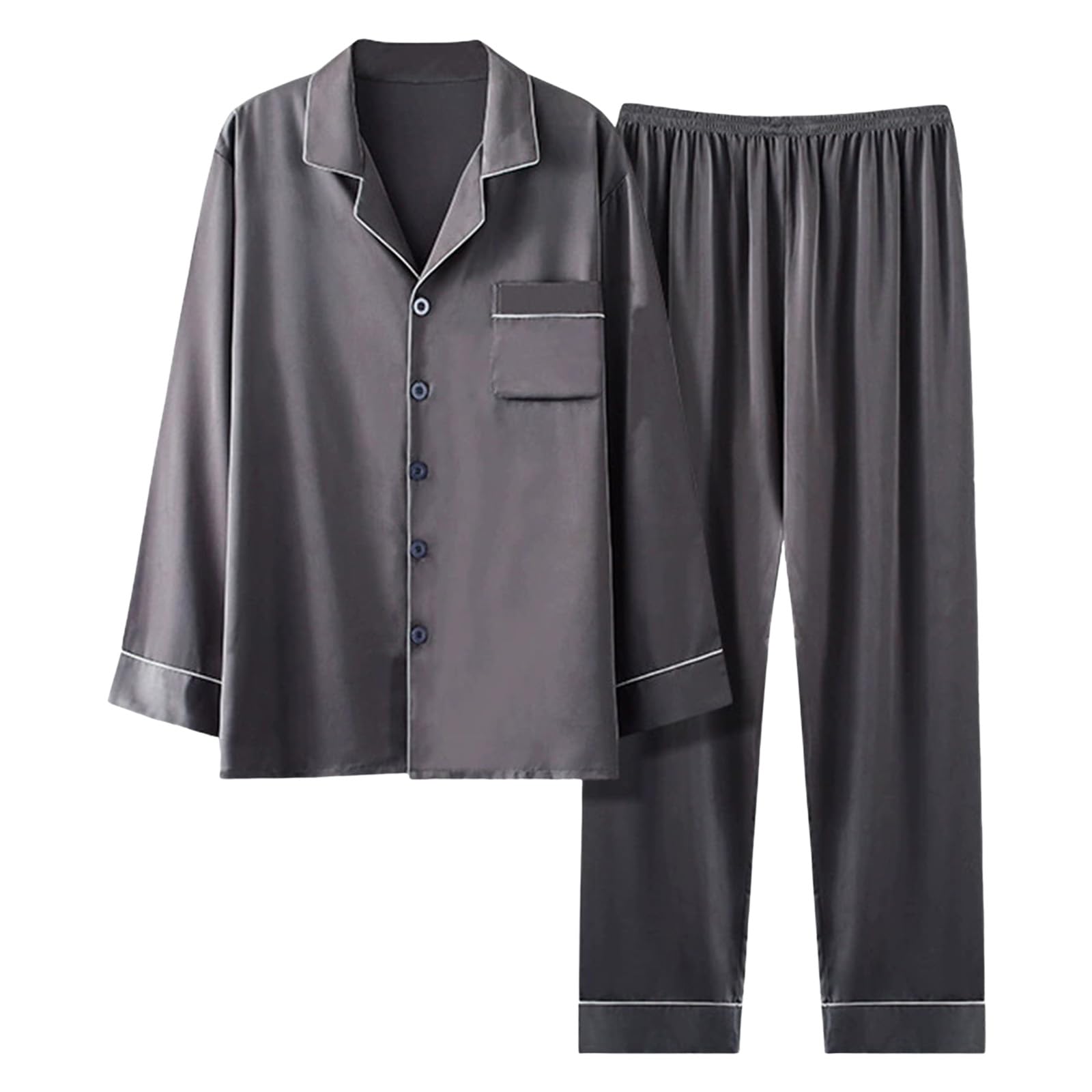 veolaimy Men's Pajamas, Summer, Long Sleeve, Ice Silk, Cooling Sensation, Room Wear, Front Opening, Skin Friendly, Breathable, Long Sleeve Shirt, Long Pants, Top and Bottom Set, Loose, Casual 3XL gray (dark gray)