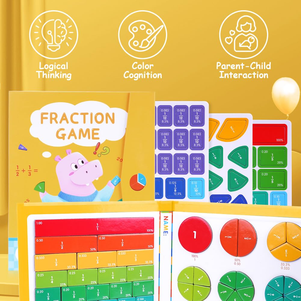 OFFCUP Magnetic Fraction Puzzle for Kids- Educational Math Montessori Fraction Manipulatives Magnetic Fraction Tiles & Fraction Circles Set for Kids Preschool to Elementary School(Hippopotamus) - Image 3