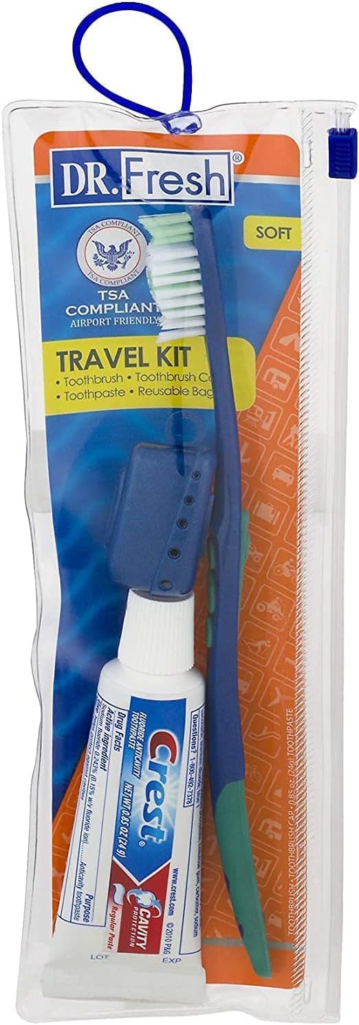 ImpecGear Toothpastes Toothbrush Kit with Toothbrush Cap Cover inside a Clear Travel Bag With Zip.
