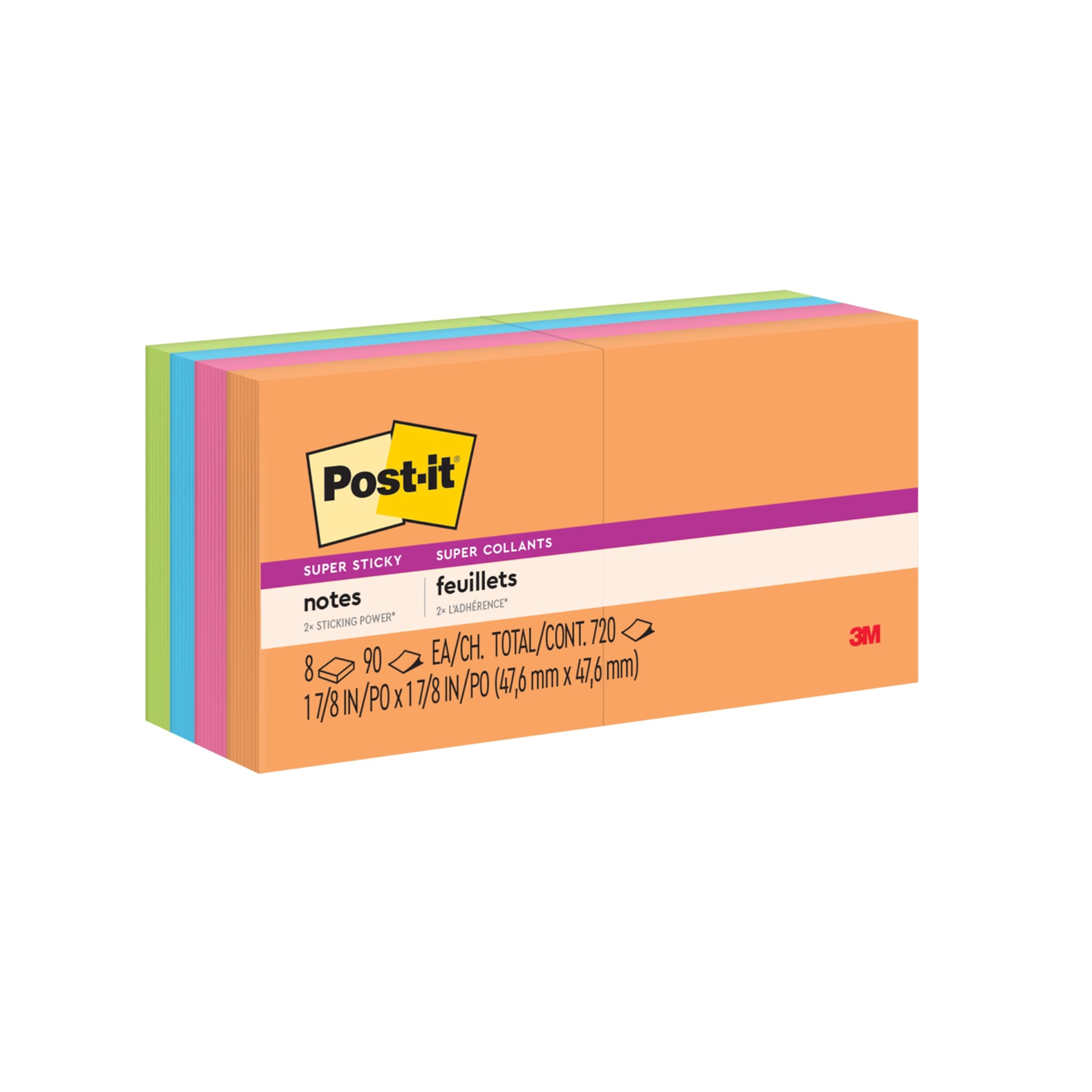 Post-it Super Haftnotizen, 4,8 x 4,8 cm, Energy Boost, 3 Stück | 8 Haftnotizblöcke, insgesamt 24 Stück, für Schulbedarf, Büroprodukte