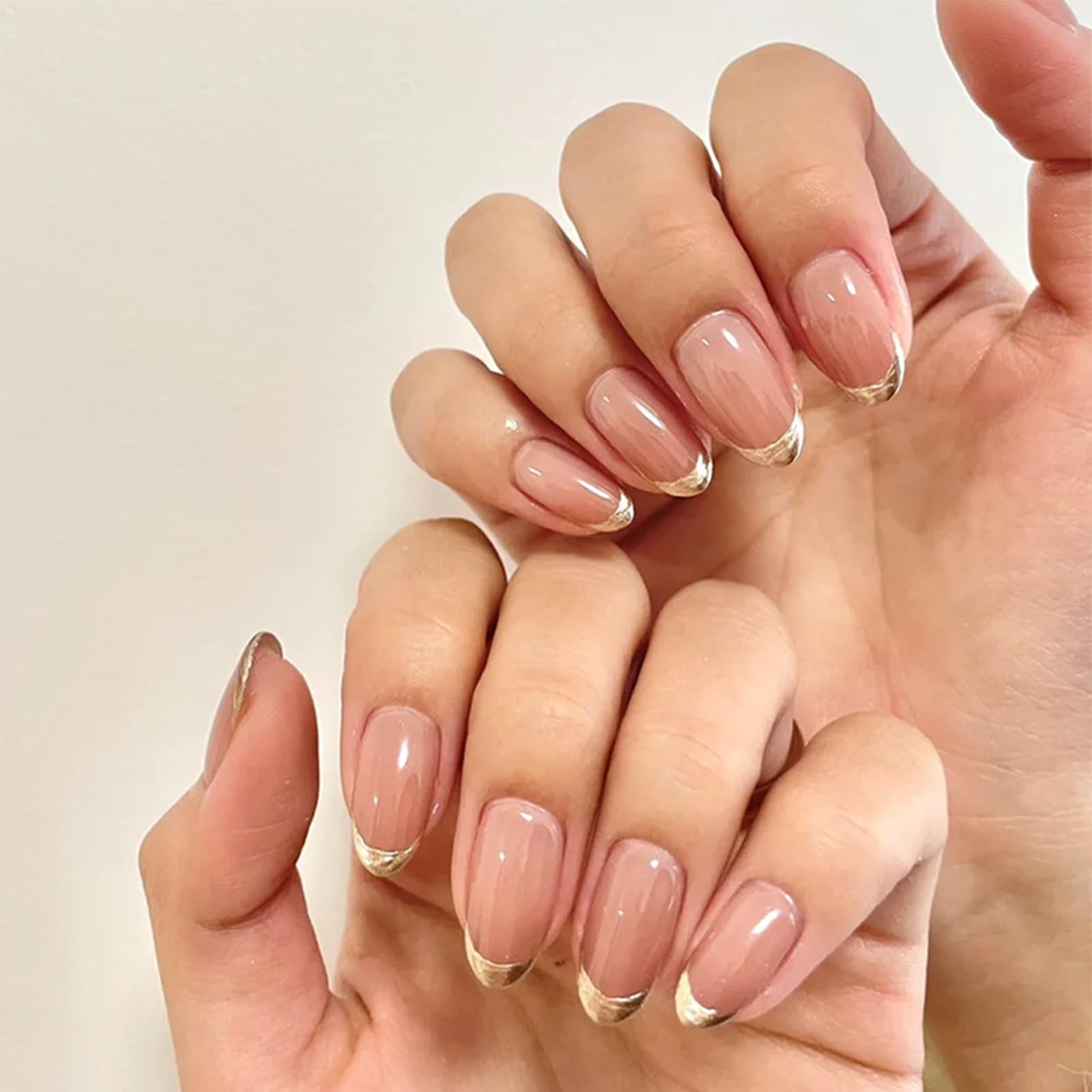 False Nails French Tip - 24pcs Nude Gold Edge Press on Nails