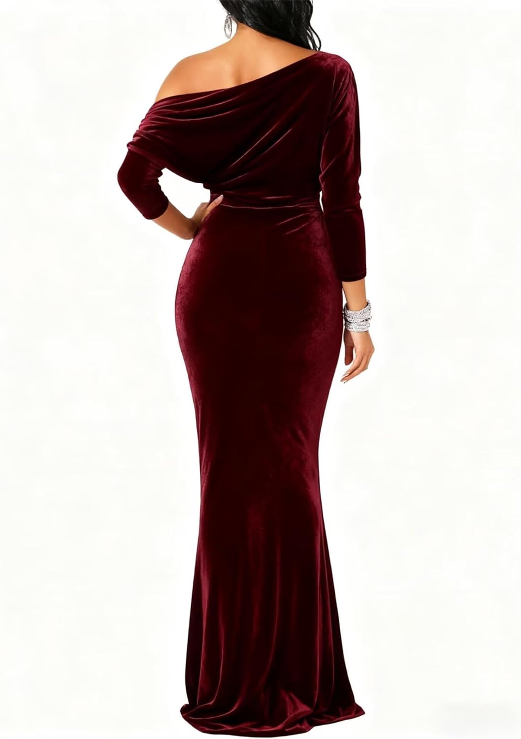 Verngo Off Shoulder Long Velvet Wedding Guest Dress Mermaid Bodycon Maxi Formal Evening Dress for Women - Image 2