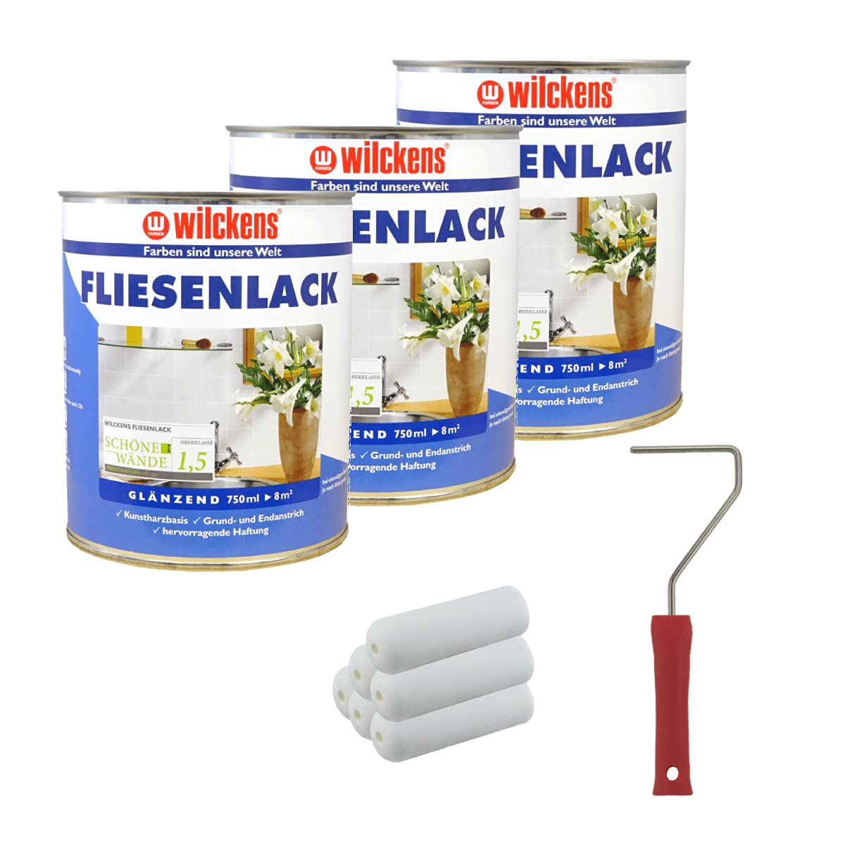 3 Dosen FLIESENLACK inkl. FARBROLLER WILCKENS weiß für 24 qm