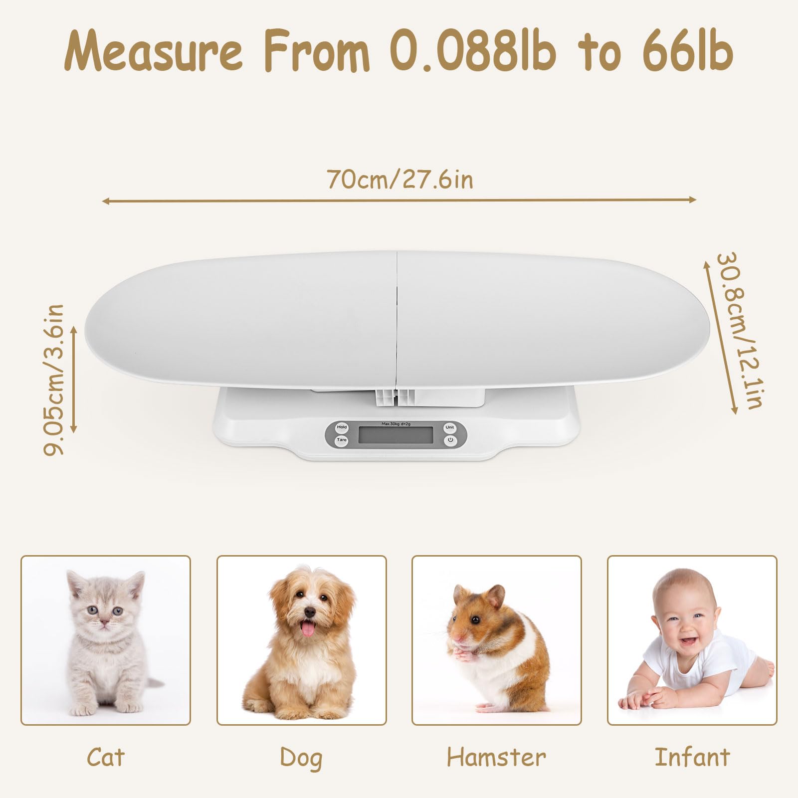 Balance numérique pour animaux avec bol amovible - Pèse-bébé précis pour nourrissons et tout-petits - Écran LCD clair - Fonction tare et support - Balance idéale pour chiots et chats - Jusqu'à 30 kg