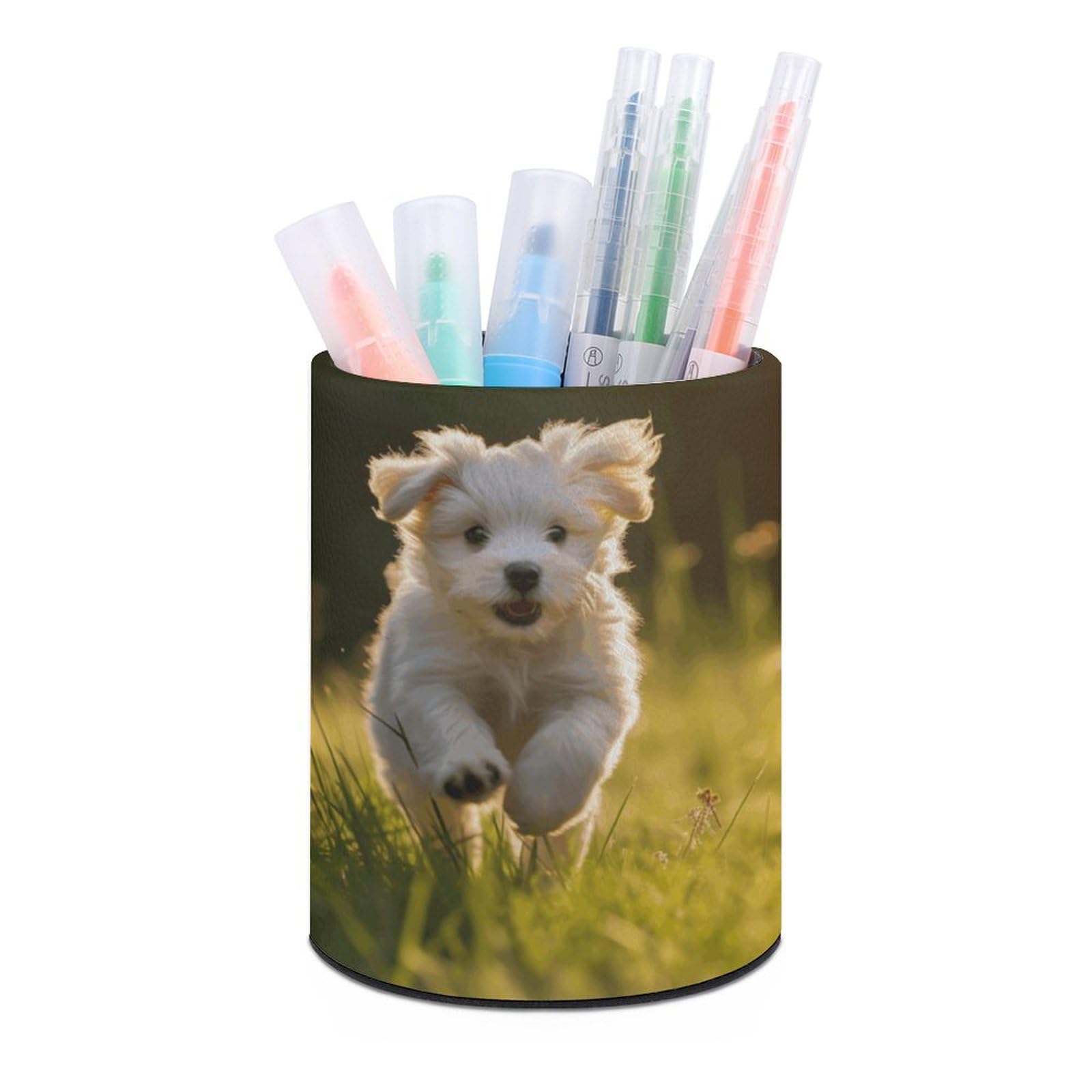 JTREHY Round Pen Holder, Puppy Grass Crossing Print Makeup Brush Storage Box for Home Office Dressing Table