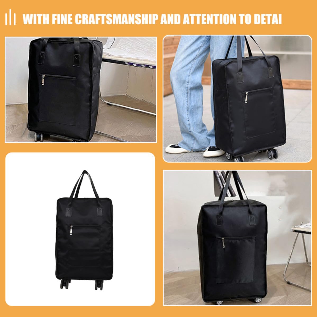 Outanaya Bolsa de Viaje Plegable y Diseño Liviano en Tela Oxford de Gran Capacidad Negra con Ruedas Aplicables para Equipaje Práctico y Cómodo