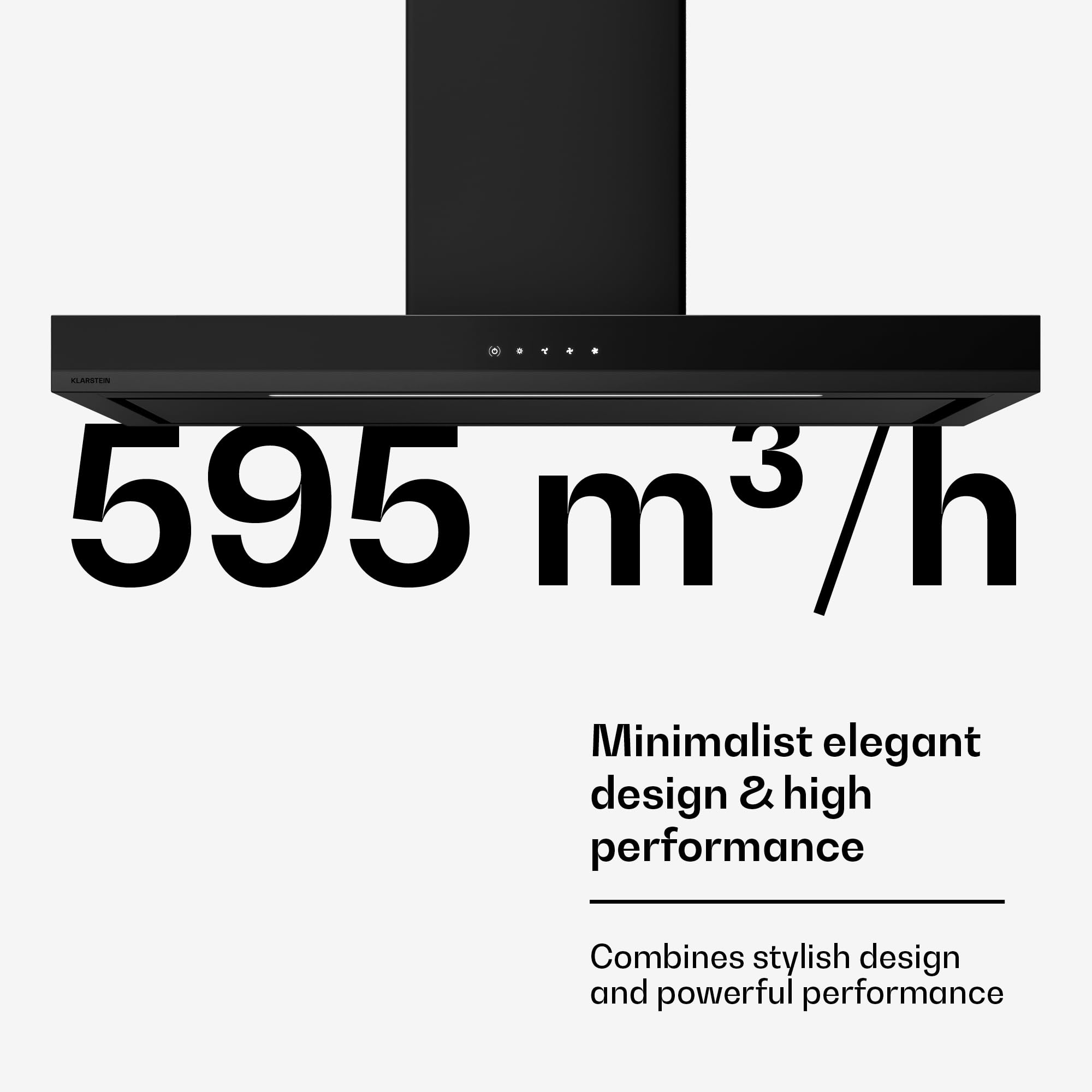 Klarstein Okap, Velaire 90 cm – efektywność energetyczna A++, 595 m³/h, sterowanie dotykowe, dioda LED, cichy, okap ścienny, aluminium i filtr z węglem aktywnym, czarny