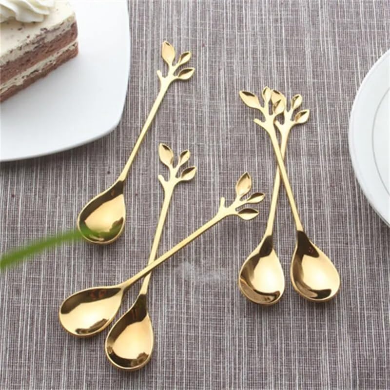 Juego de 6 cucharas doradas de acero inoxidable con personalidad creativa, cuchara de hoja de árbol, cuchara de café, cuchara de té, hogar, restaurante, postre, cubertería, 6 piezas, color dorado