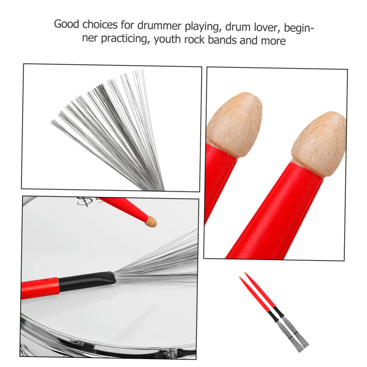 Abaodam 3 Pares Cepillo de tambor de doble cabeza Cepillo duradero para baquetas suministros de instrumentos cajas de percusion instrumentos percusion práctico cepillo de tambor arce rojo