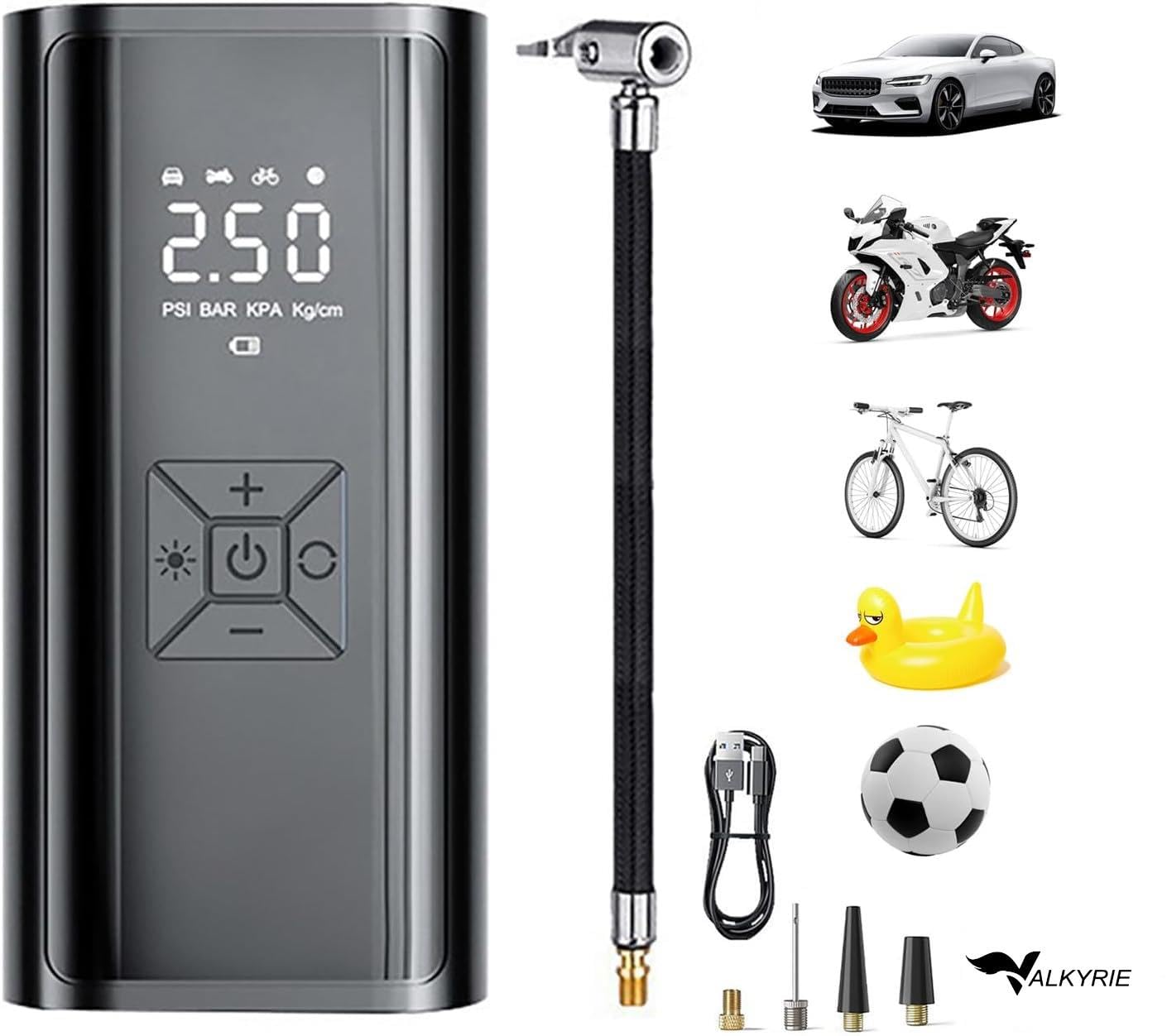 Valkyrie 100W 6000mAh Şarjlı Araba Lastik Hava Pompası LED Işıklı Çok Amaçlı Bisiklet Yatak Top Pompası