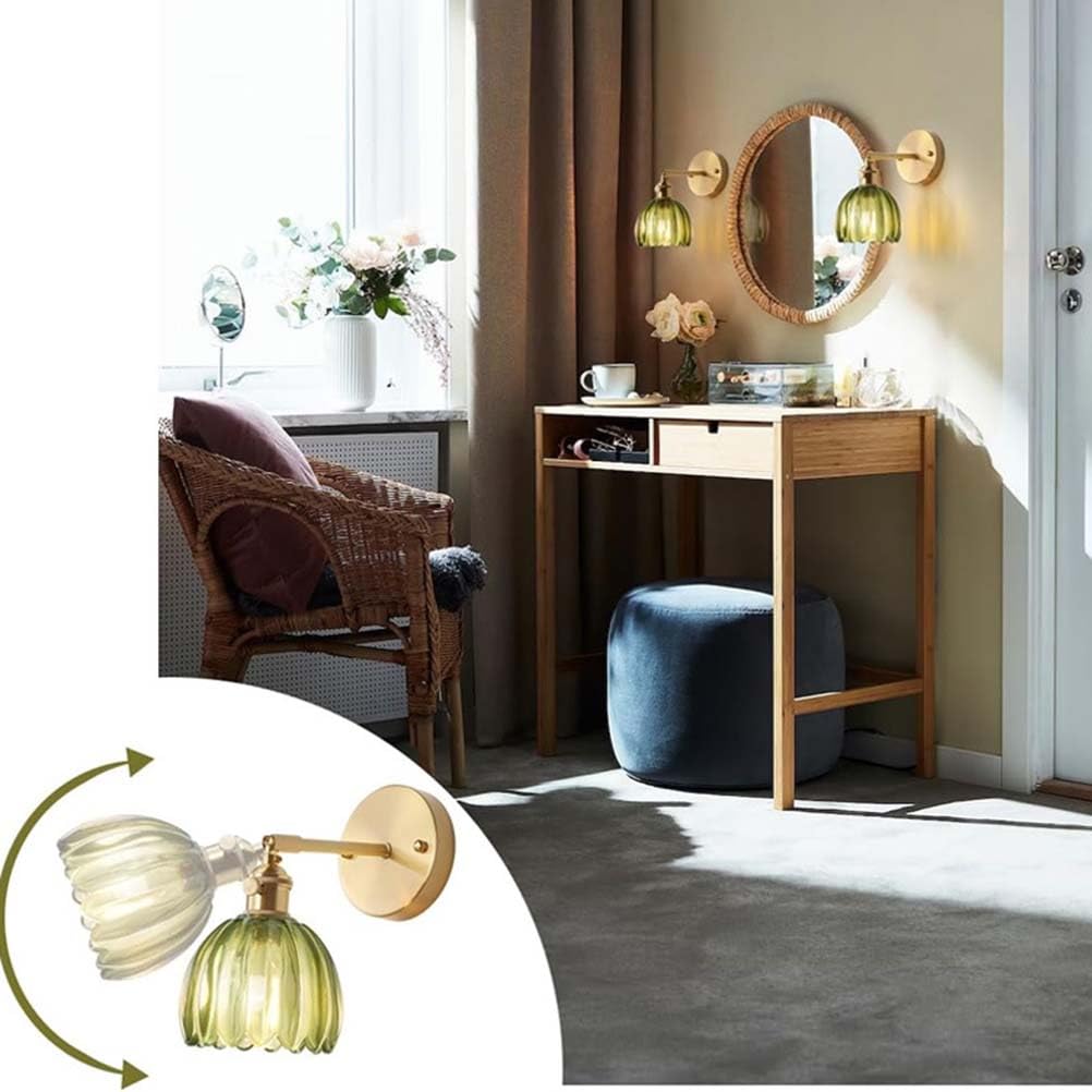 Lampa ścienna Vintage E27 Złota lampa retro Lampa ścienna Regulowana metalowa głowica lampy Zielony wzór kwiatowy Szklany klosz Lampka nocna do kawiarni Restauracja Salon Sypialnia