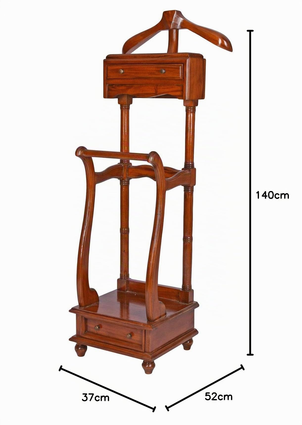 Herrendiener „Mr. FREDDIE“ aus massivem Mahagoniholz – Stummer Diener mit Kleiderbügel, Hosenstange & 2 Schubladen – Kleiderbutler im Antik-Stil für Schlafzimmer, Ankleidezimmer & Garderobe
