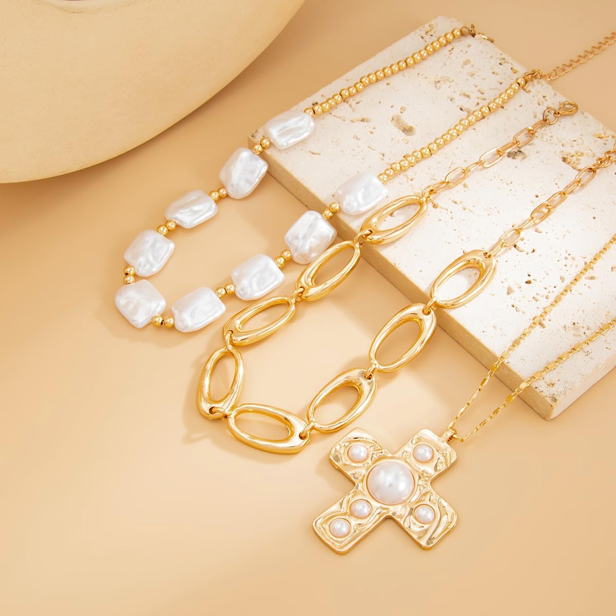 Chunky Gold Layered Necklace for Women Large Cross Oval Pendant Necklace Pearl Chain Choker Punk Vintage Jewelry - Image 5