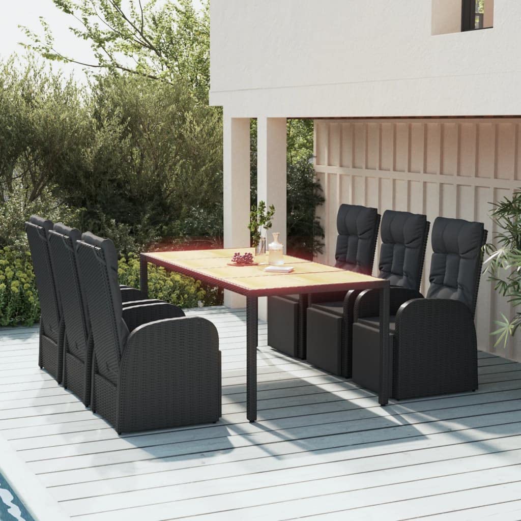 Muebles de jardín para exteriores, mesa y sillas de balcón de 7 piezas, juego de comedor de jardín de poliratán negro y madera maciza de acacia