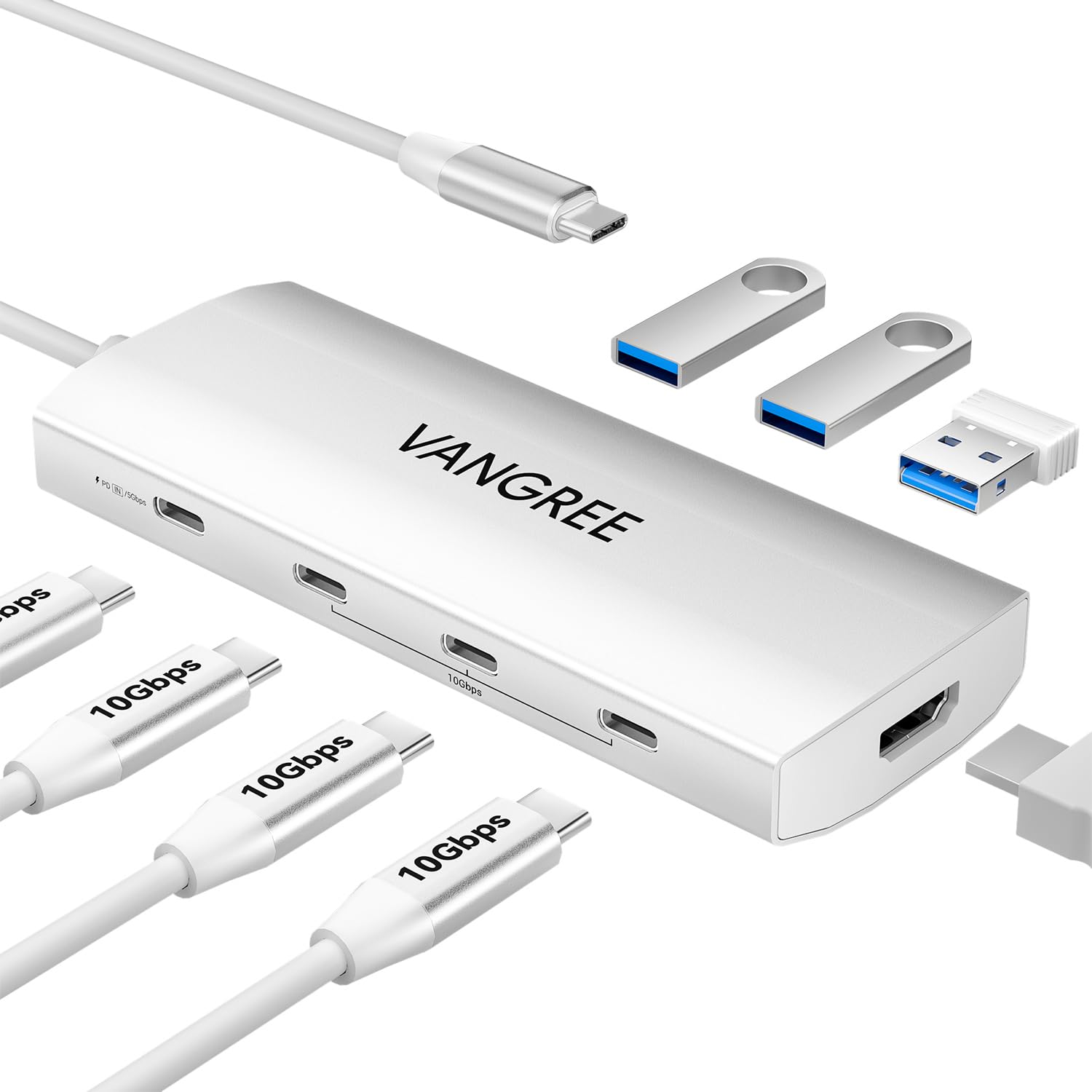 USB C Hub 8 in 1 Multiport Adapter, 3 USB 3.2 Gen 2 Ports with 10Gbps, 3 USB-A 3.0 5Gbps, 4K@60Hz HDMI, 100W PD, USBC Splitter for MacBook Pro, iPad