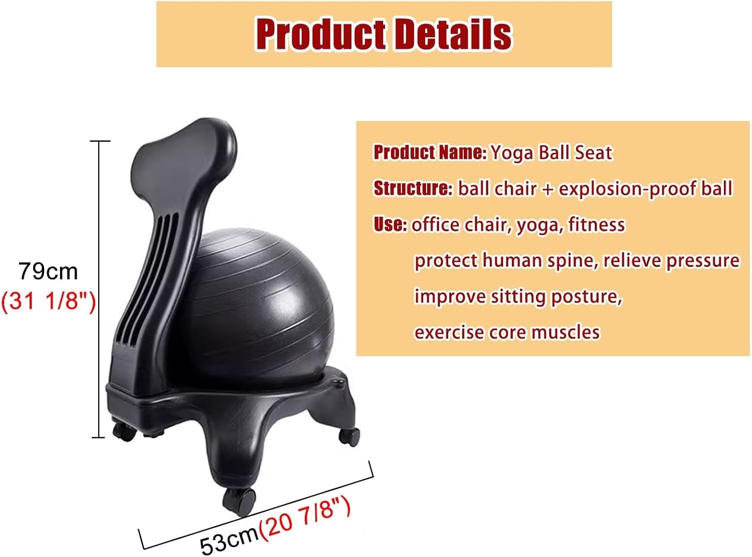 Adult Youth Balance Ball Posture Chair with Foot Pump, Ergonomic Office Chair Yoga Ball Chair, Home Gym Exercise Ball Chair Rolling Stool