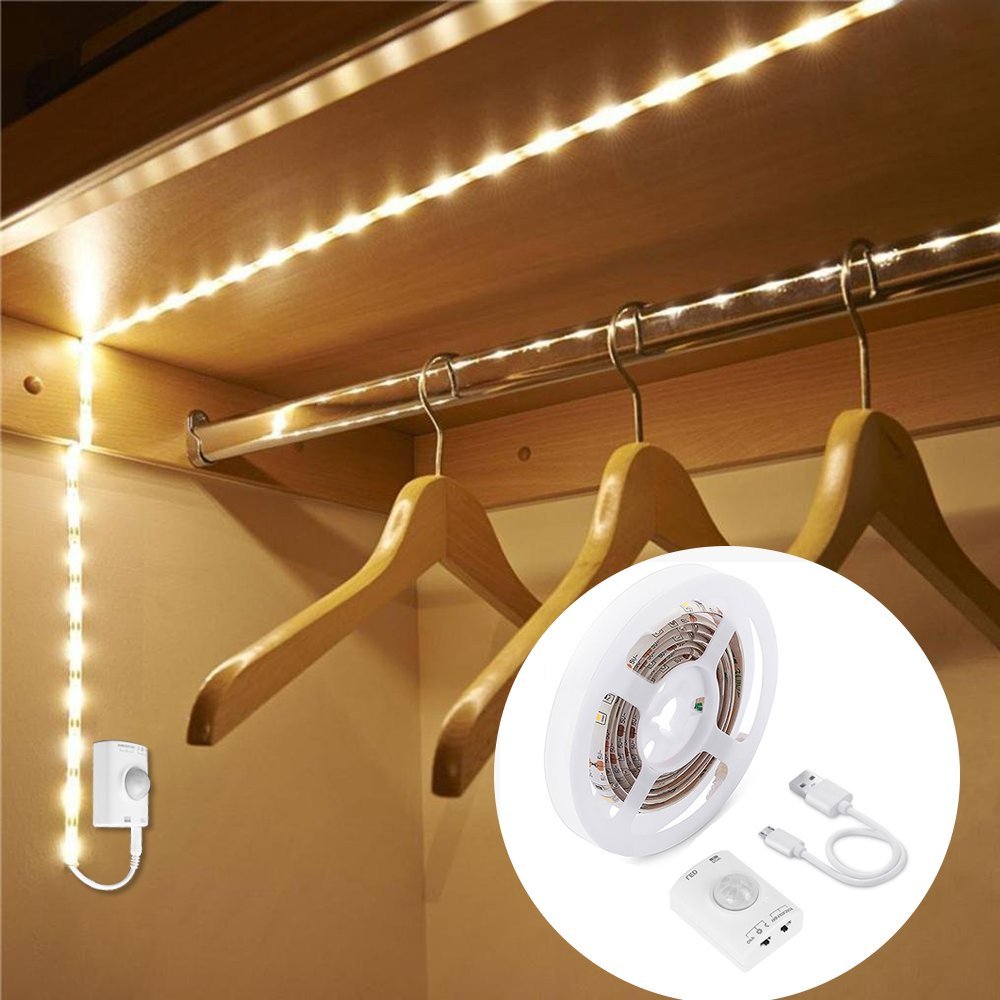 LUXJET Klebe LED Streifen mit Bewegungsmelder, 1m LED Streifen USB Akku Aufladbar mit Auto On/Off und Timer Warmweiß für Schlafzimmer, Treppenhaus, Badezimmer, Küche, Garderobe