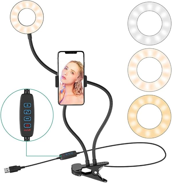 6 inch Selfie Ring Light with Cellphone Holder Stand- Ring Light Stand for Live Stream & Makeup, 64 LED Bulbs 3 Light Modes 10-Level Brightness 360° Rotating for iPhone Android Cell Phone
