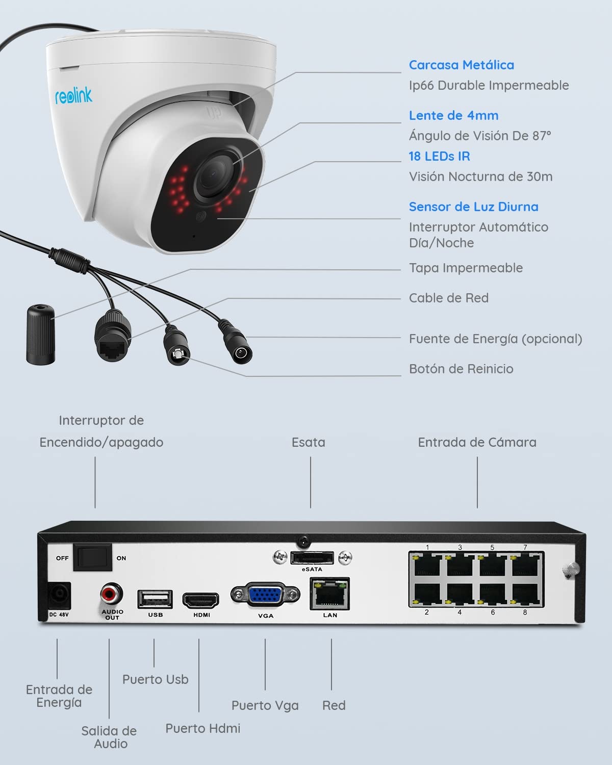 Reolink 4K Kit Cámaras de Vigilancia PoE H.265, 4X 8MP Detección de Personas/Vehículos Cámaras IP PoE Exterior y 8CH NVR con 2TB HDD para Grabación 24/7, Vision Nocturna, Audio, Alertas, RLK8-800D4