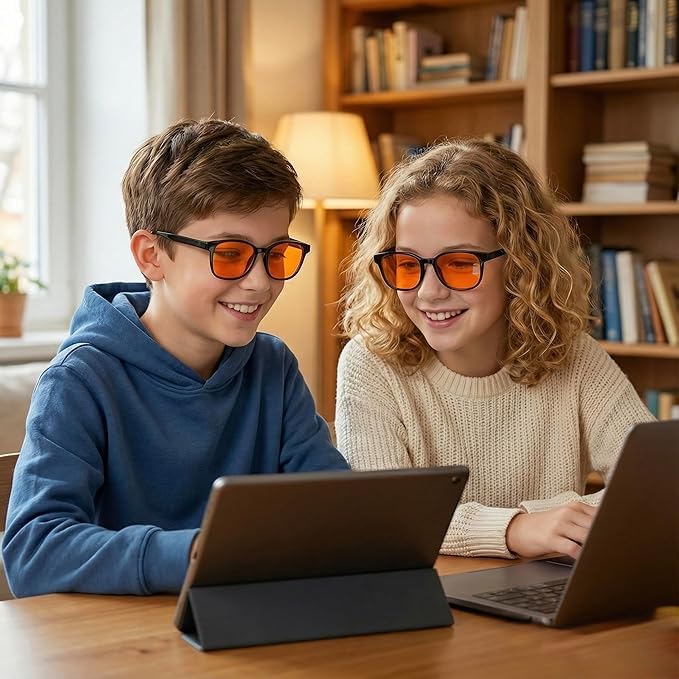 Image of Kids Amber Tinted Computer Glasses for Boys & Girls Age 8-15 Years | Zero Power Kids Eyewear | Lightweight TR90 Frame | CR39 Amber Lenses | For Study, Laptop, Tablet, Mobile & TV Time