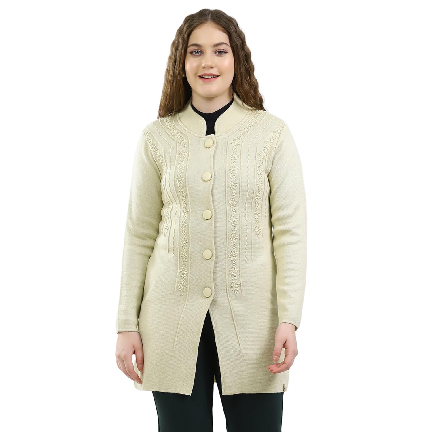 Women’s Knitted Coat | Self Design | Regular Fit | Round Neck | Full Sleeve | Button Closure | Stylish Coat for Women
