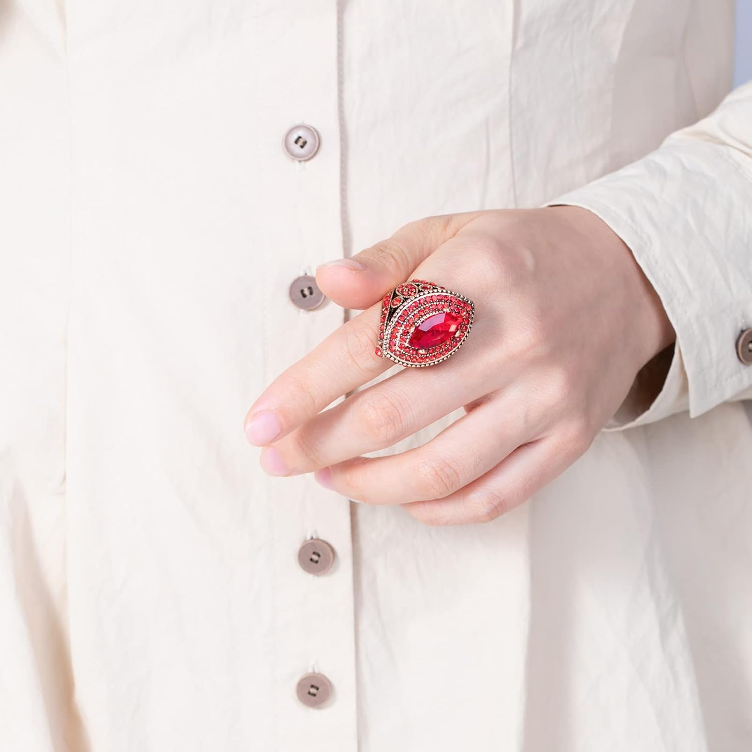 Women Ring - 32mm Big Size Antique Gold Plated Turkish Style Red Gemstone Vintage Ring Women Jewelry J0769RED - Image 3